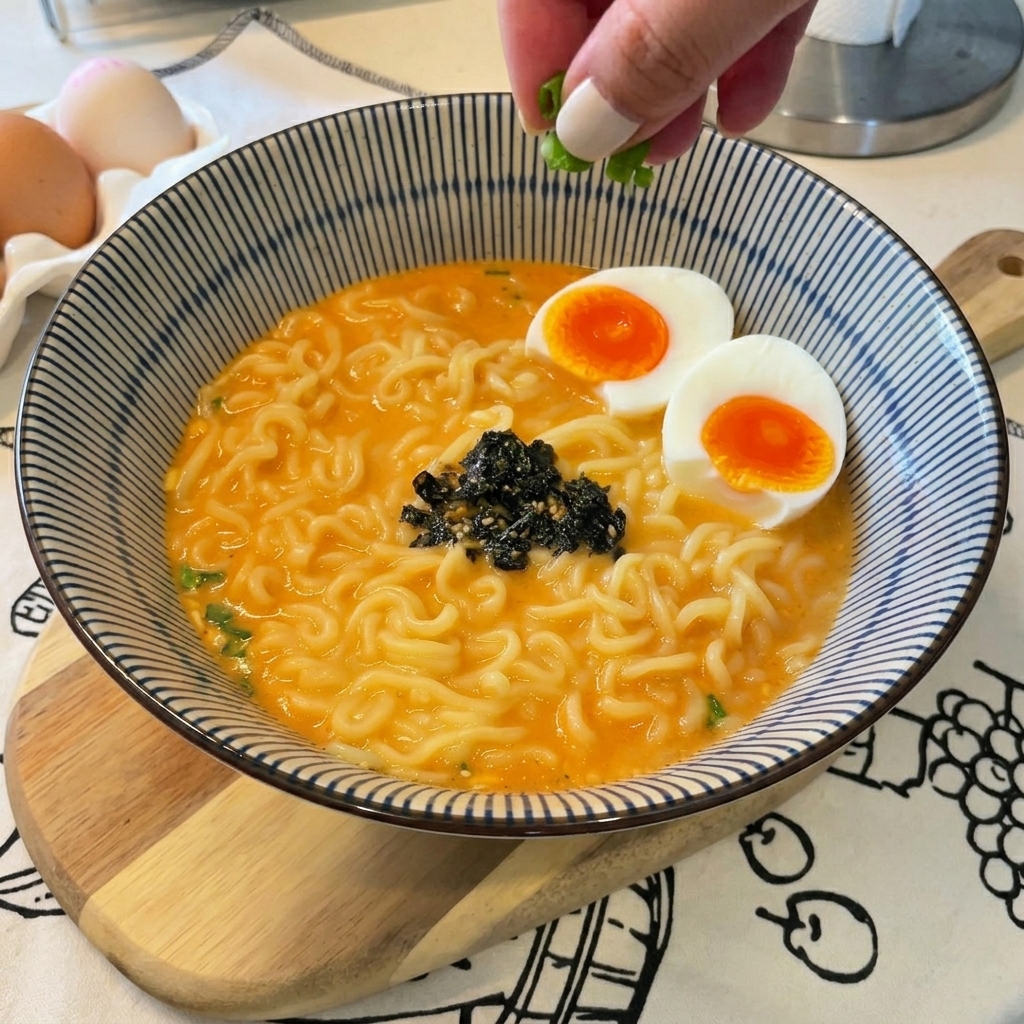 Frühlingszwiebeln werden über eine Schüssel mit Ramen, Eiern und Algen gestreut.