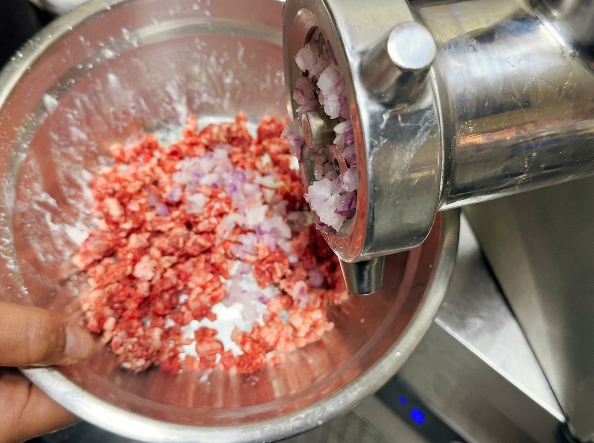Frisch gemahlene rote Zwiebeln fallen aus einem Fleischwolf direkt in die Schüssel mit dem Fleisch.