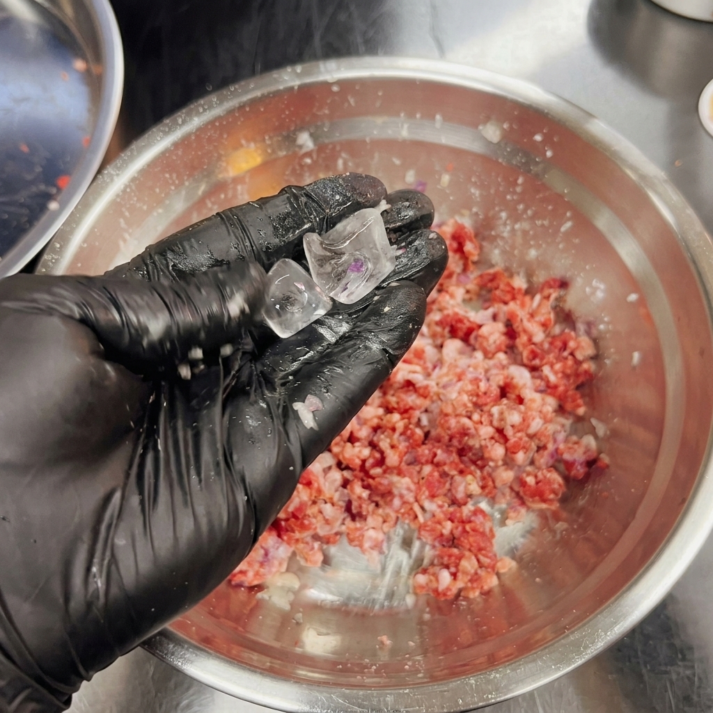 Zwei klare Eiswürfel in einer Hand über der vorbereiteten Burger-Masse.