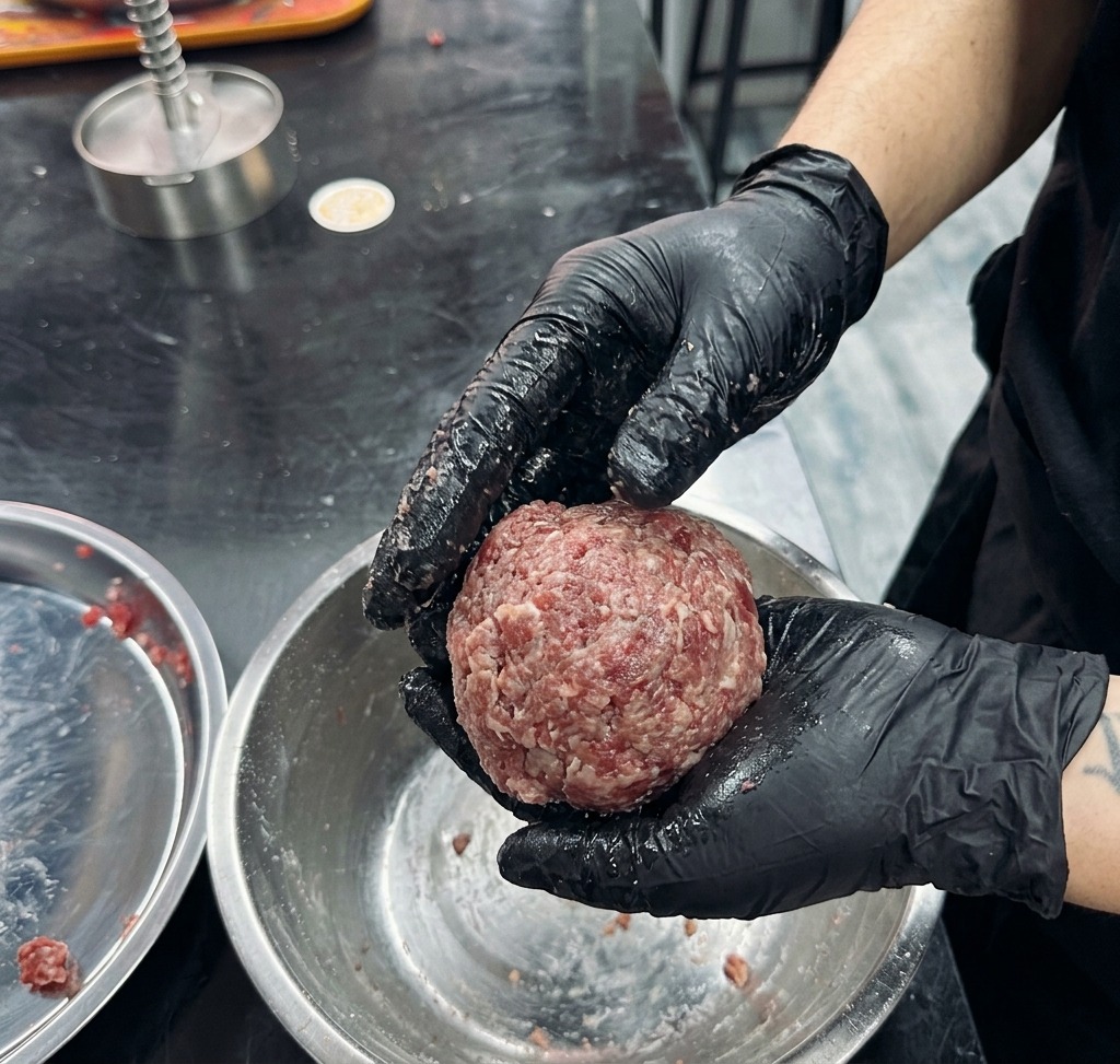 Eine Kugel aus Hackfleisch wird zwischen zwei Händen mit schwarzen Handschuhen hin und her geworfen.