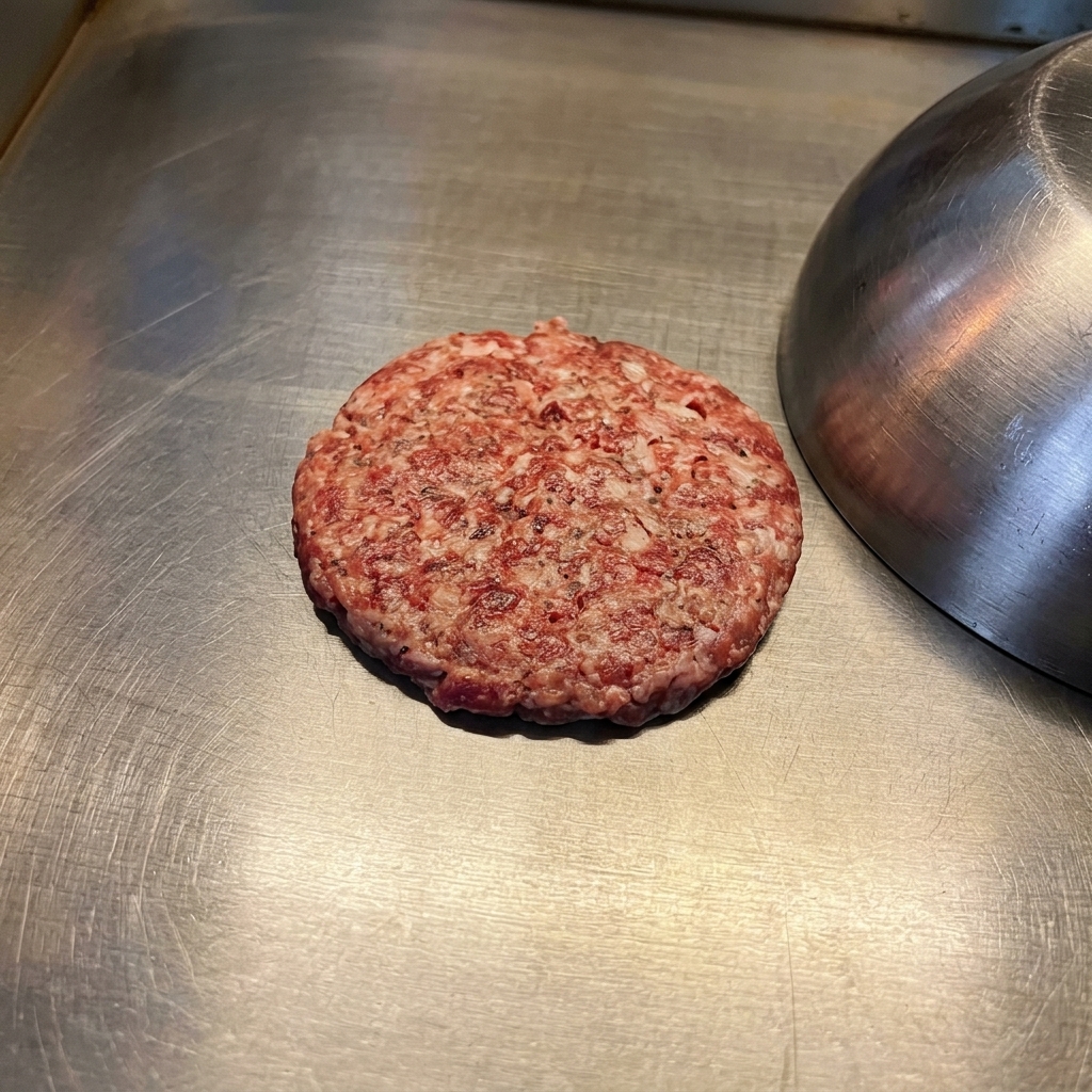 Ein Burger-Patty brät auf der Platte, daneben liegt eine Metallhaube bereit.