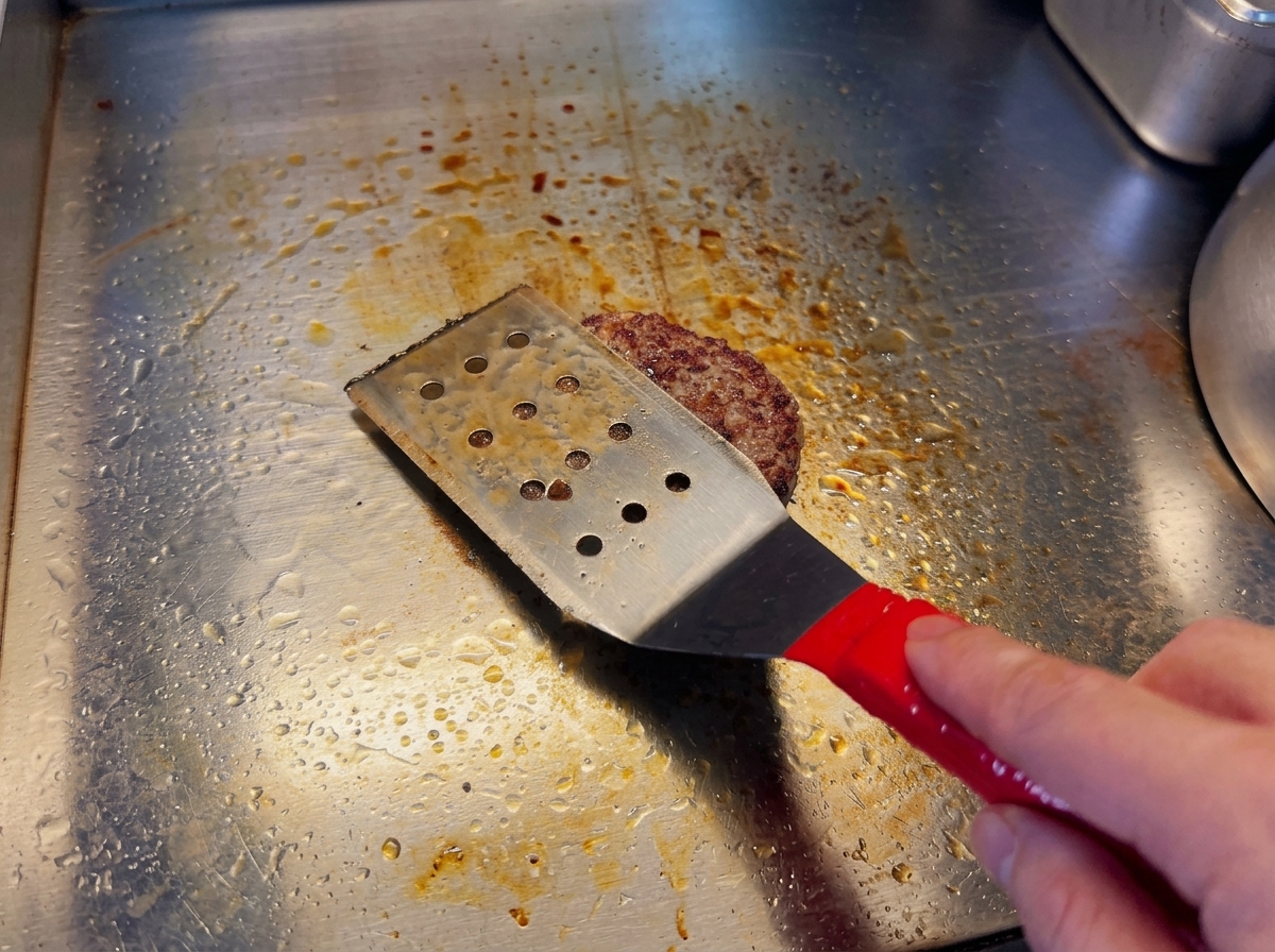 Ein Pfannenwender drückt leicht auf ein zischendes Patty auf der Grillplatte.