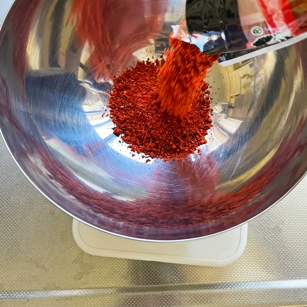 Leuchtend rotes koreanisches Chilipulver wird aus einer Packung in eine Metallschüssel geschüttet, die auf einer digitalen Küchenwaage steht.