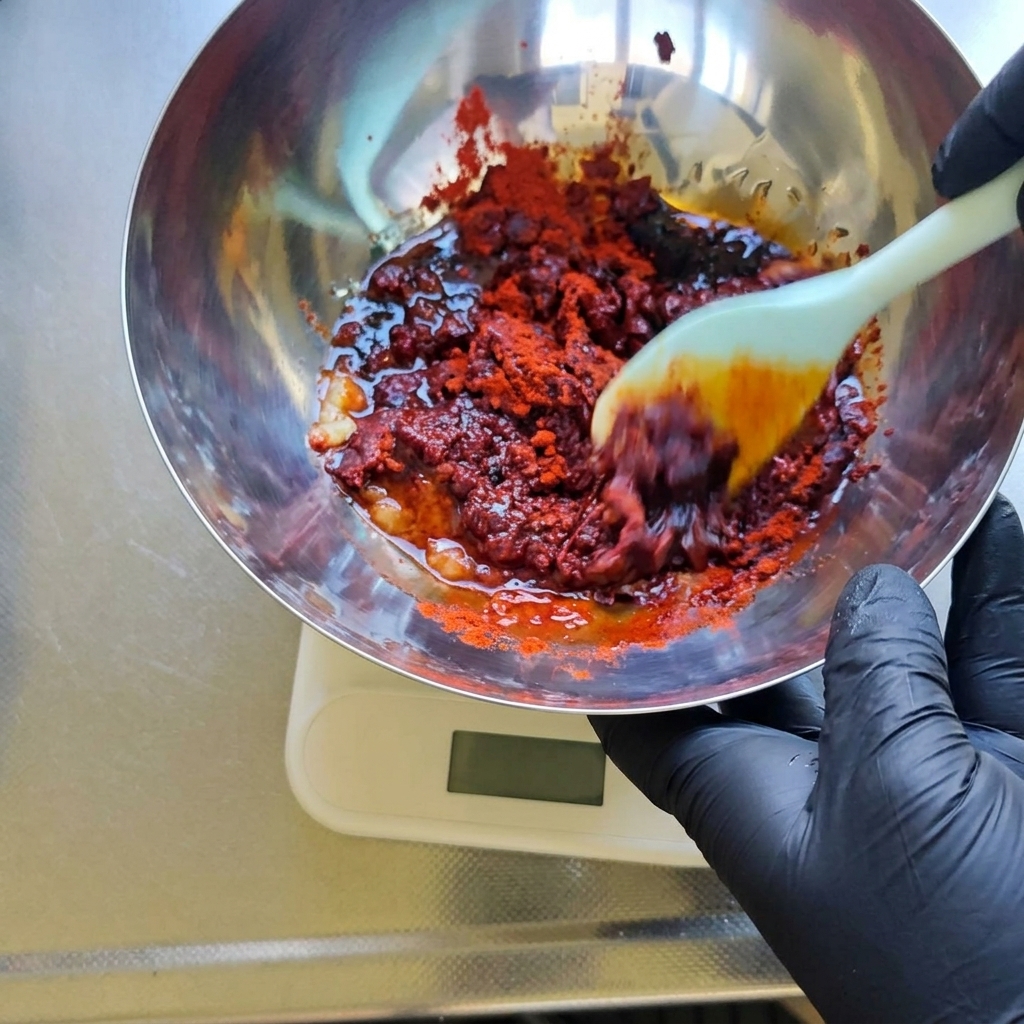 Eine dicke, dunkelrote Mischung aus Chilipulver und Gewürzen wird in einer Metallschüssel mit einem Spatel umgerührt.