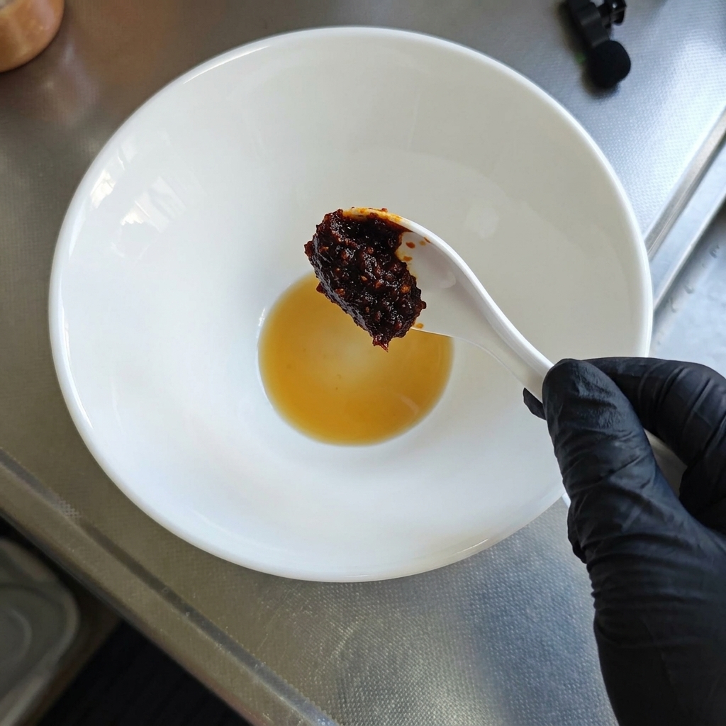 Eine behandschuhte Hand hält einen weißen Löffel voll dicker, dunkelroter Chilipaste über eine weiße Servierschüssel mit ein wenig flüssiger Tare.