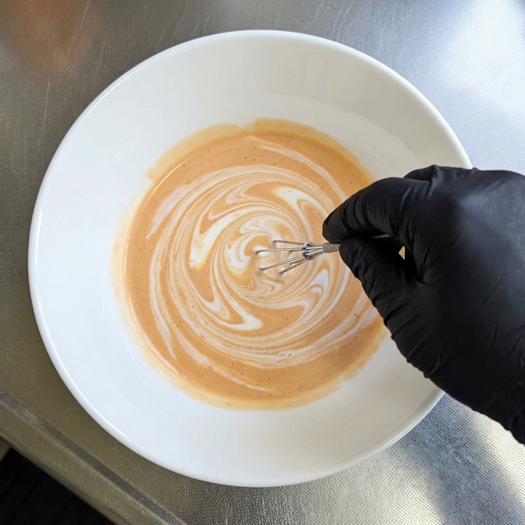 Eine behandschuhte Hand rührt mit einem Mini-Schneebesen eine cremige, leuchtend orange-rosa Brühe in einer großen weißen Ramen-Schüssel um.