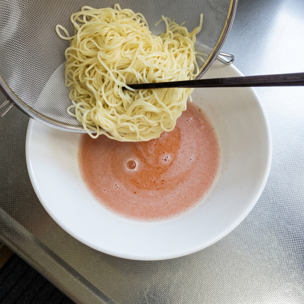Gekochte hellgelbe dünne Ramen-Nudeln werden aus einem feinen Edelstahlsieb in eine Schüssel mit leuchtend rosa-roter Brühe gegeben.