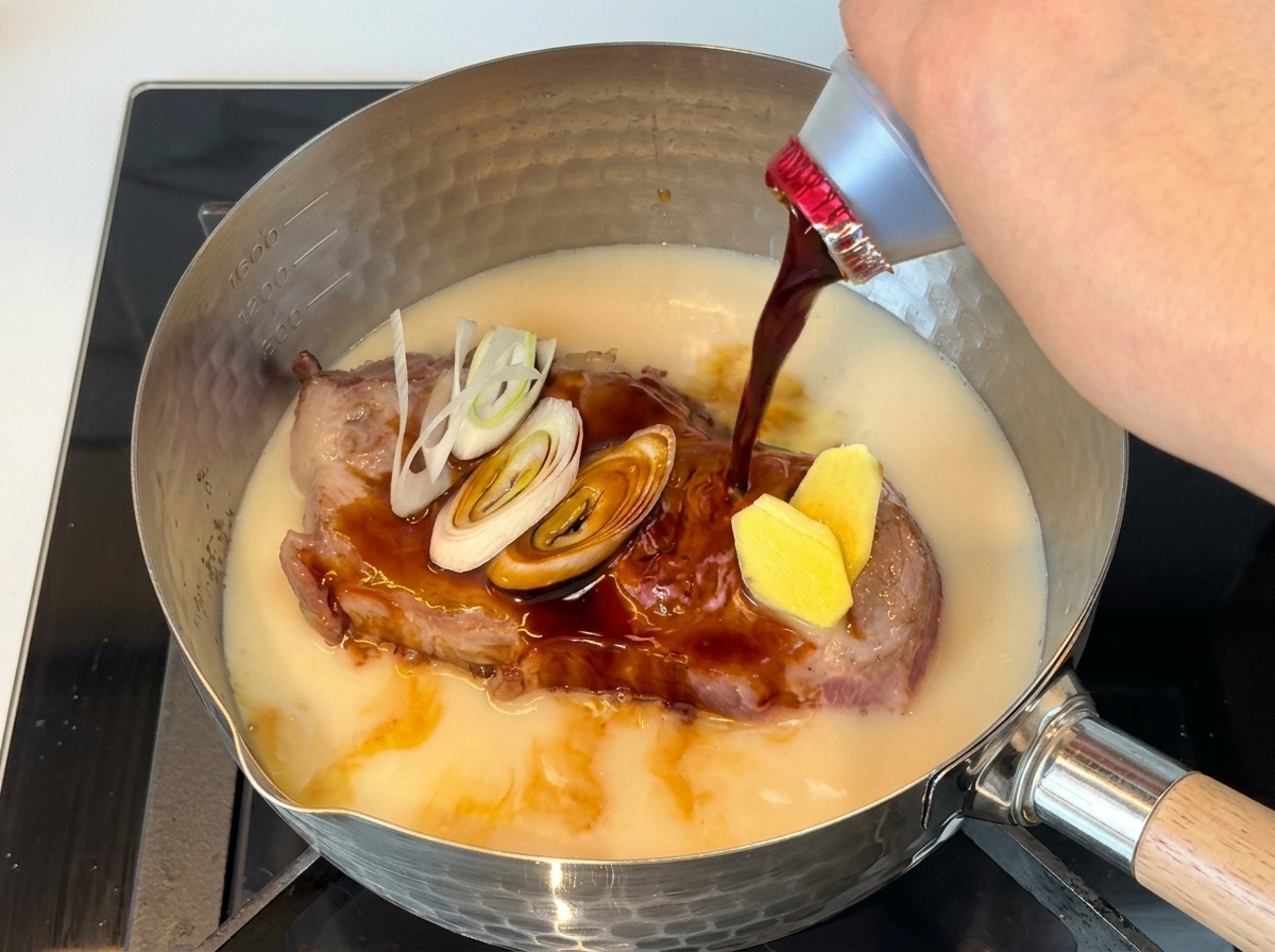 Dunkle Sojasauce wird in einen Topf gegossen, in dem ein teilweise gegartes Stück Schweineschulter in einer milchig-weißen Flüssigkeit mit Frühlingszwiebeln und Ingwer ruht.