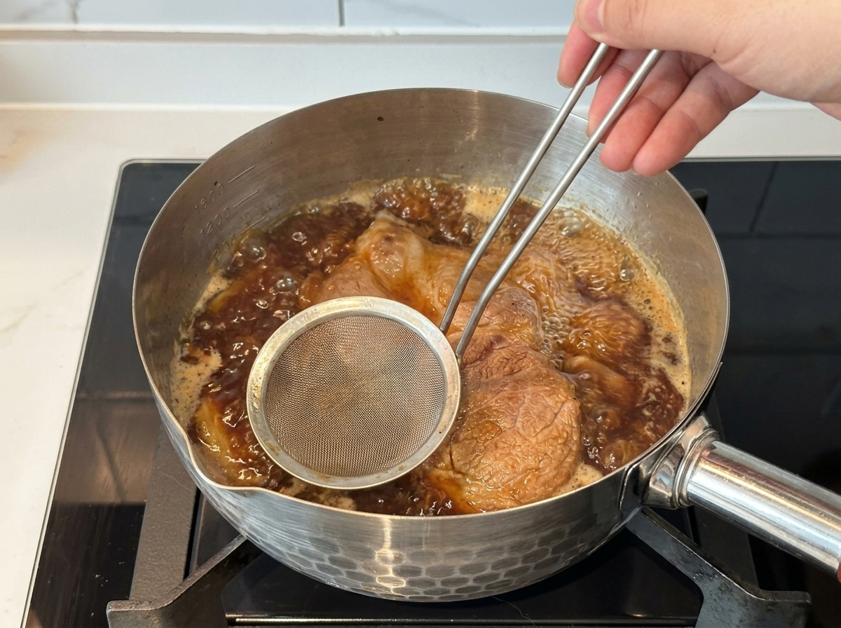Ein Stück Schweineschulter köchelt in einer sprudelnden, dunkelbraunen Sauce, während ein Schaumlöffel verwendet wird, um den Schaum an der Oberfläche abzuschöpfen.