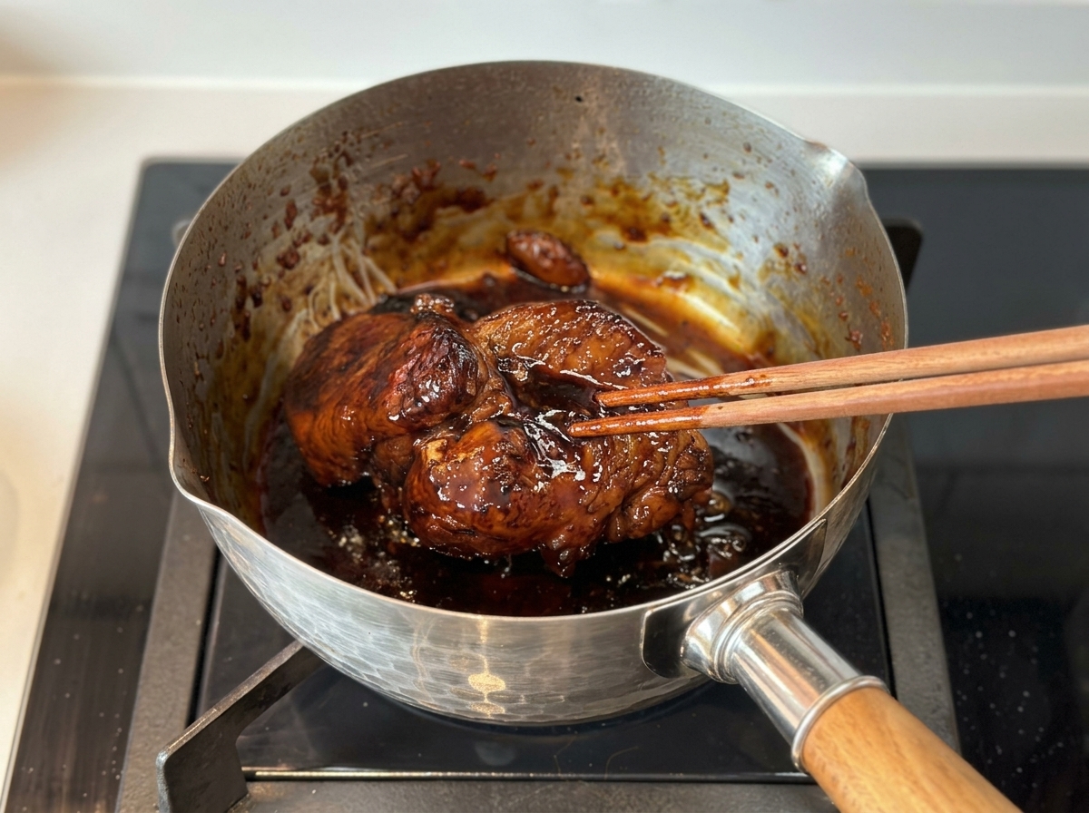 Ein dunkles, perfekt karamellisiertes Stück Char-Siu-Schweinefleisch wird mit Holzstäbchen aus einer klebrigen, reduzierten Sauce gehoben.