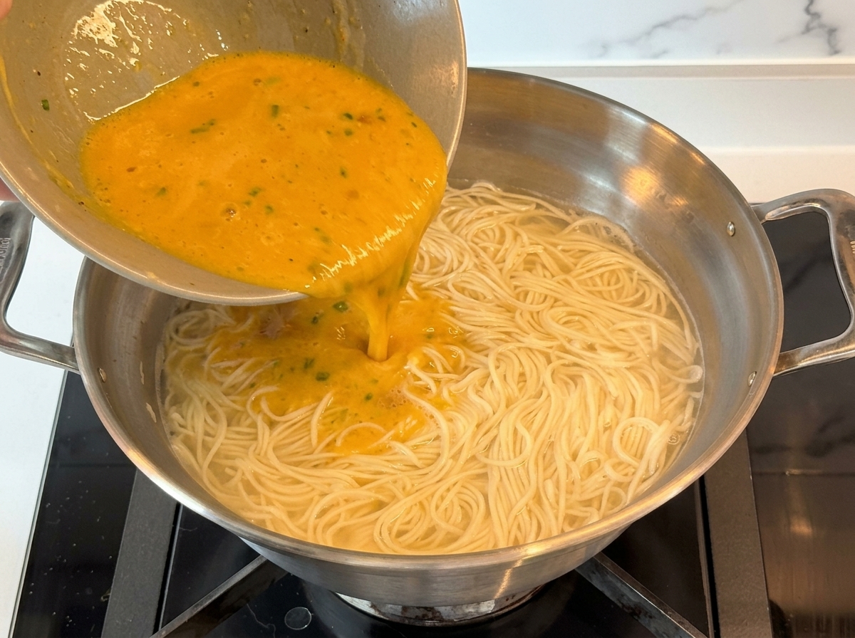 Eine cremige, goldgelbe Sauce wird aus einer kleinen Metallschüssel in einen großen Edelstahltopf mit gekochten Ramen-Nudeln und heißem Wasser gegossen.