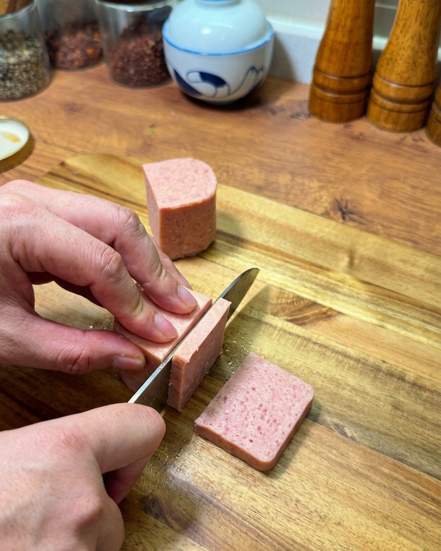 Ein Messer schneidet einen Block Frühstücksfleisch auf einem Holzbrett in dicke, rechteckige Scheiben.