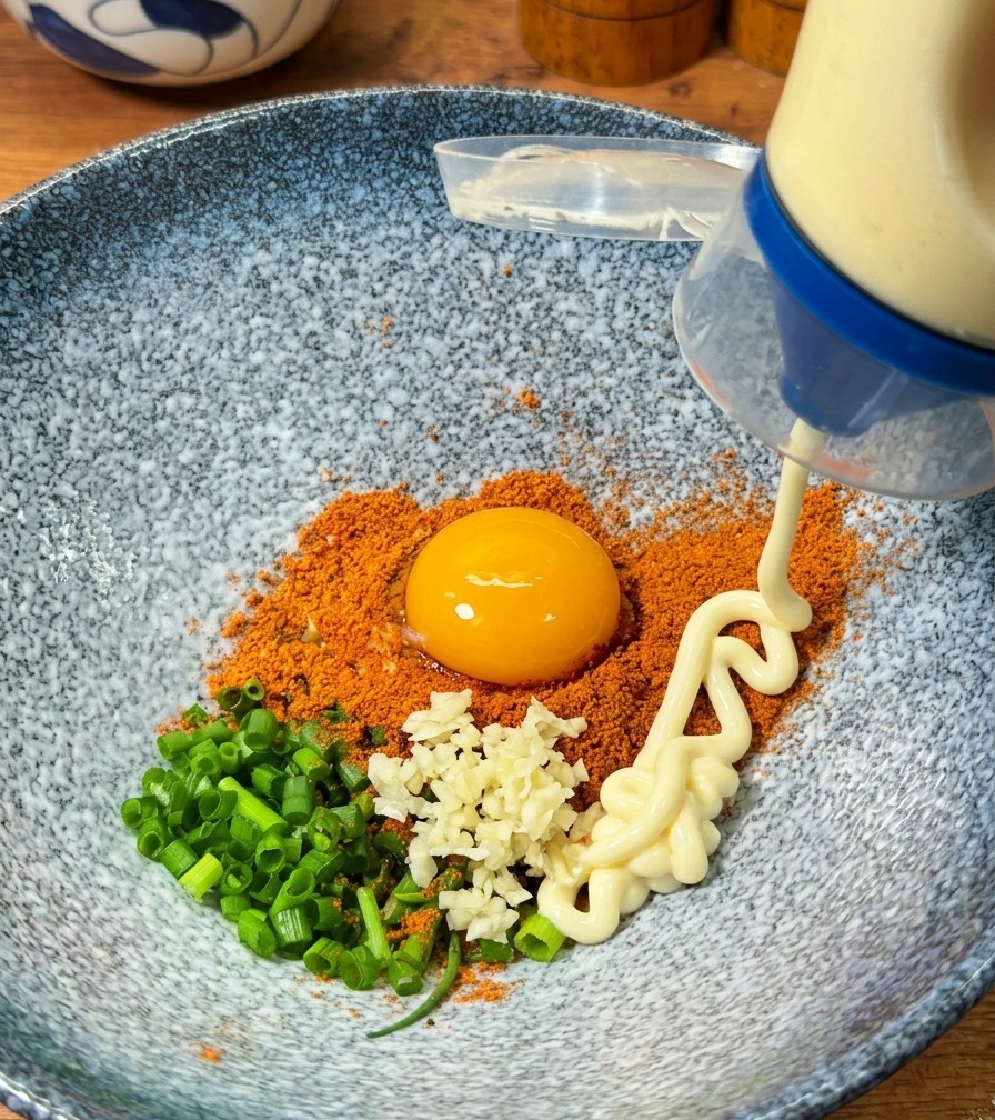 Weiße Mayonnaise wird aus einer Flasche direkt auf die Gewürze und das Eigelb in der Schüssel gegeben.
