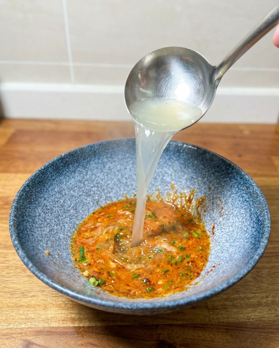 Kochendes Wasser wird aus einer Kelle in die Schüssel mit der orangefarbenen Würzpaste gegossen.