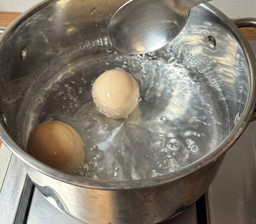 Zwei braune Eier kochen in einem Edelstahltopf mit sprudelndem Wasser.