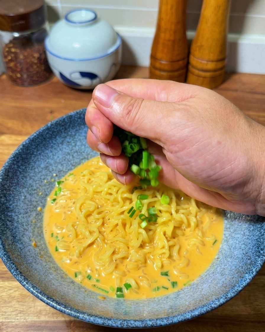 Eine Hand streut frische Frühlingszwiebeln über die dampfende Schüssel mit Nudelsuppe.