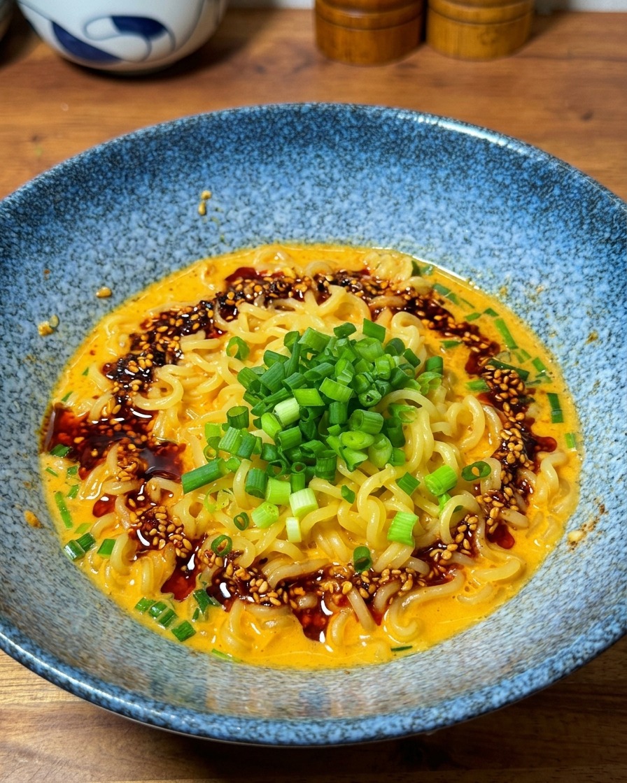 Leuchtend rotes Chiliöl wird über die cremige Ramen-Suppe und die Nudeln geträufelt.