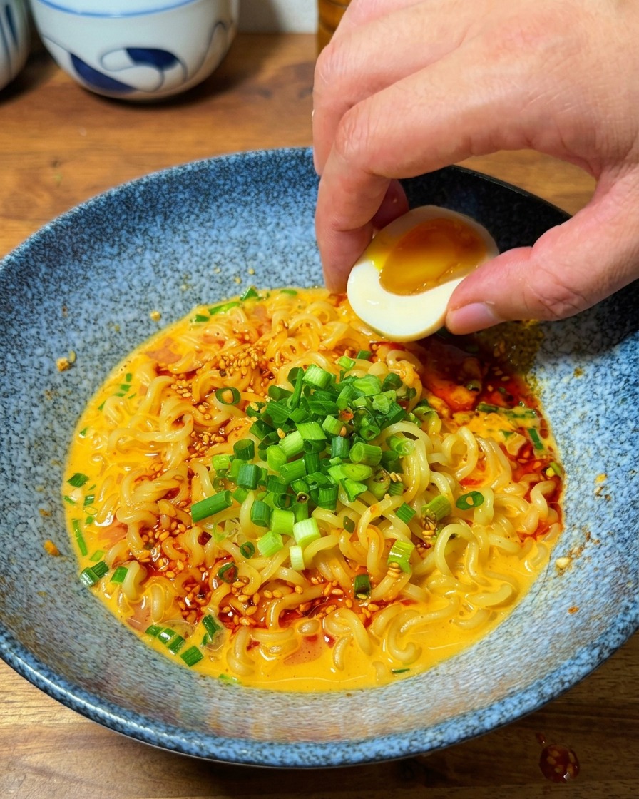 Ein halbiertes, weichgekochtes Ei mit glänzendem Dotter wird in die Ramen-Schüssel gesetzt.