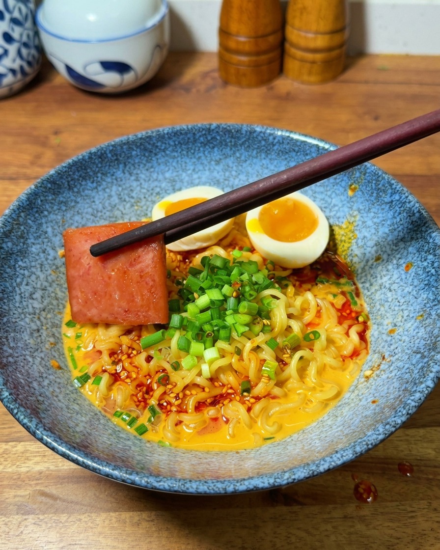Stäbchen platzieren eine Scheibe gebratenes Fleisch neben das Ei in der fertigen Ramen-Schüssel.
