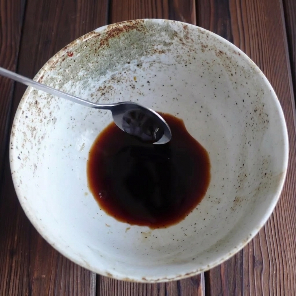 Ein Löffel gibt einen Klecks dunkle Austernsauce in die Schale mit Sojasauce.