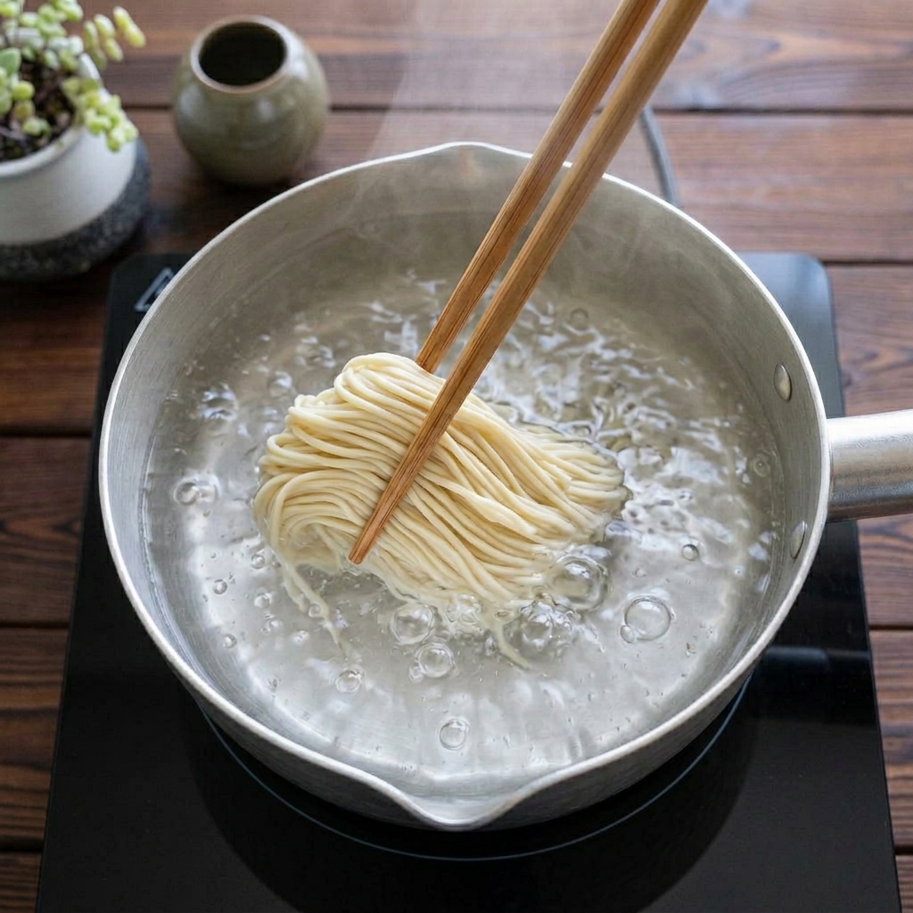 Ramen-Nudeln werden mit Stäbchen in kochendes Wasser gedrückt.