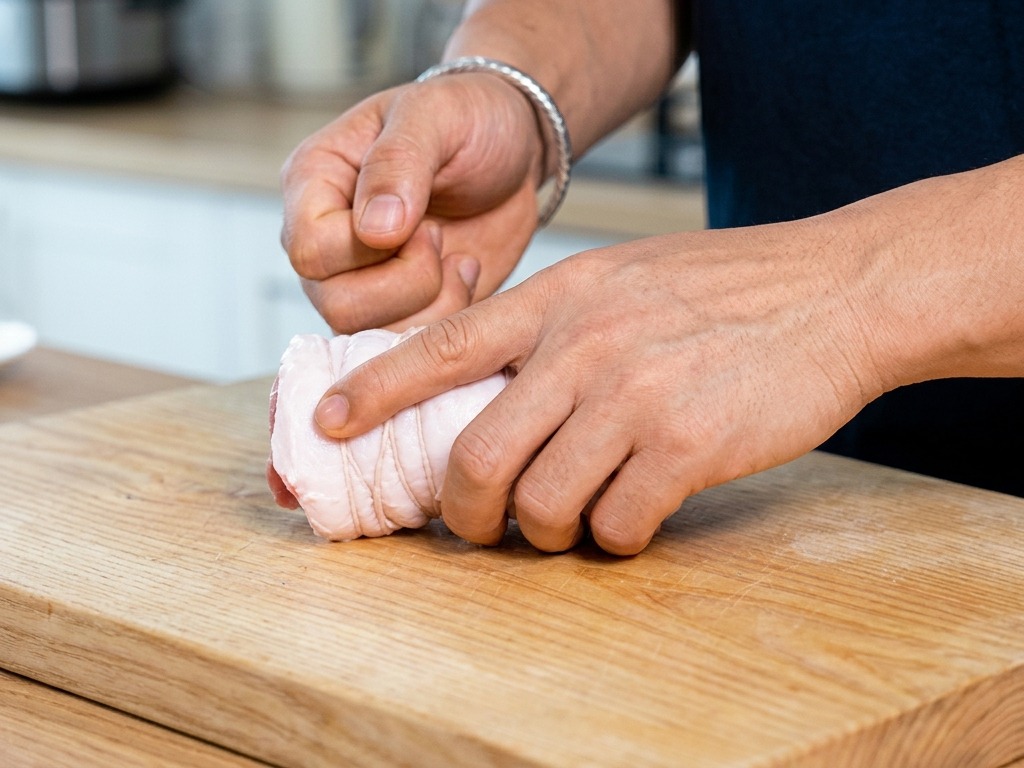 Hände binden ein rohes, gerolltes Stück Schweinebauch mit Küchengarn auf einem Holzschneidebrett fest zusammen.