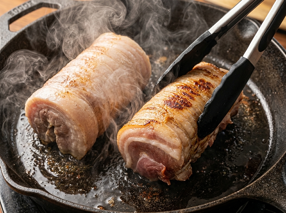 Zwei gebundene Schweinebauchrollen werden in einer heißen gusseisernen Pfanne angebraten und mit einer Zange gewendet, während Dampf aufsteigt.