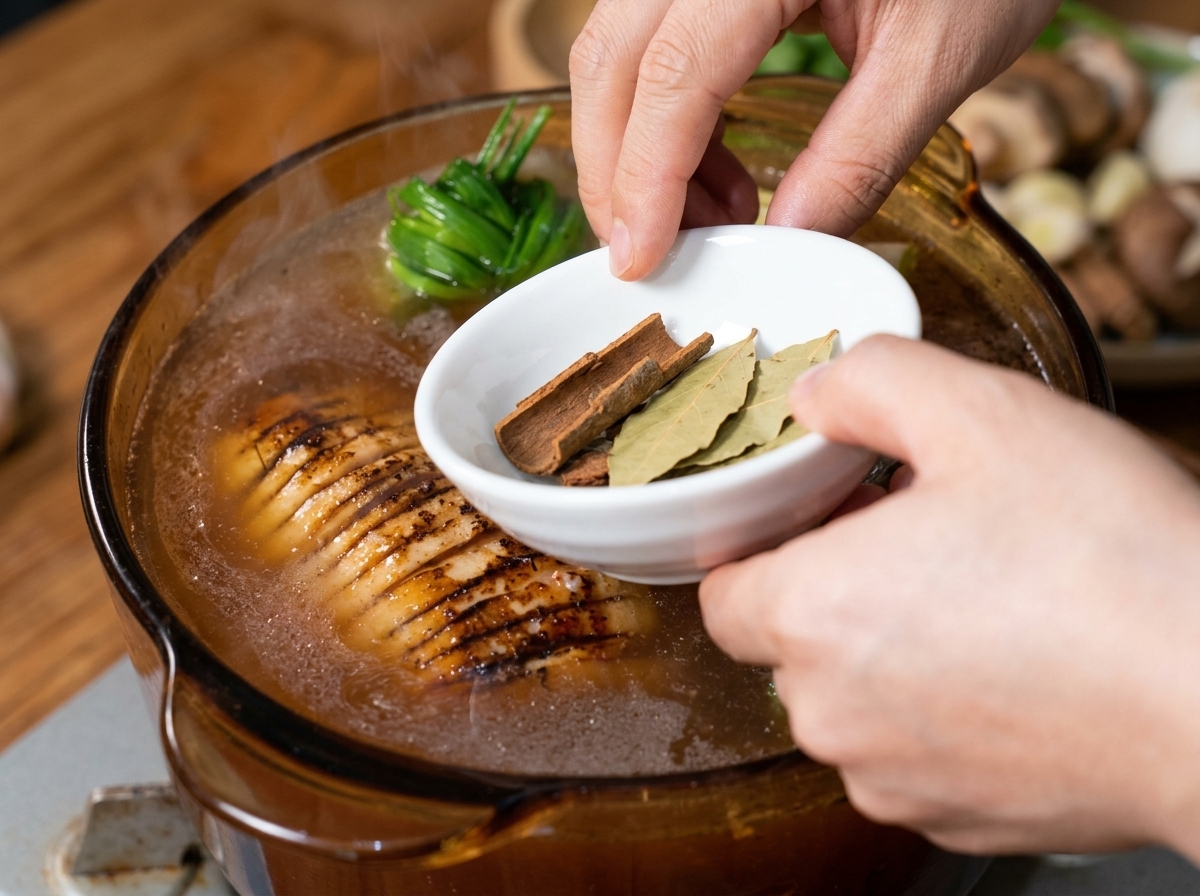 Hände geben eine kleine weiße Schüssel mit Zimtstangen und Lorbeerblättern in einen Topf mit einem köchelnden Schweinebauch und grünen Frühlingszwiebeln.