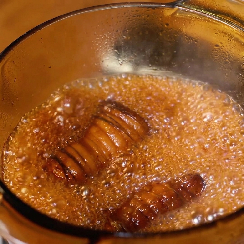 Eine gebundene Schweinebauchrolle köchelt in einer dunklen, blubbernden, glänzenden Sauce in einem Glastopf.