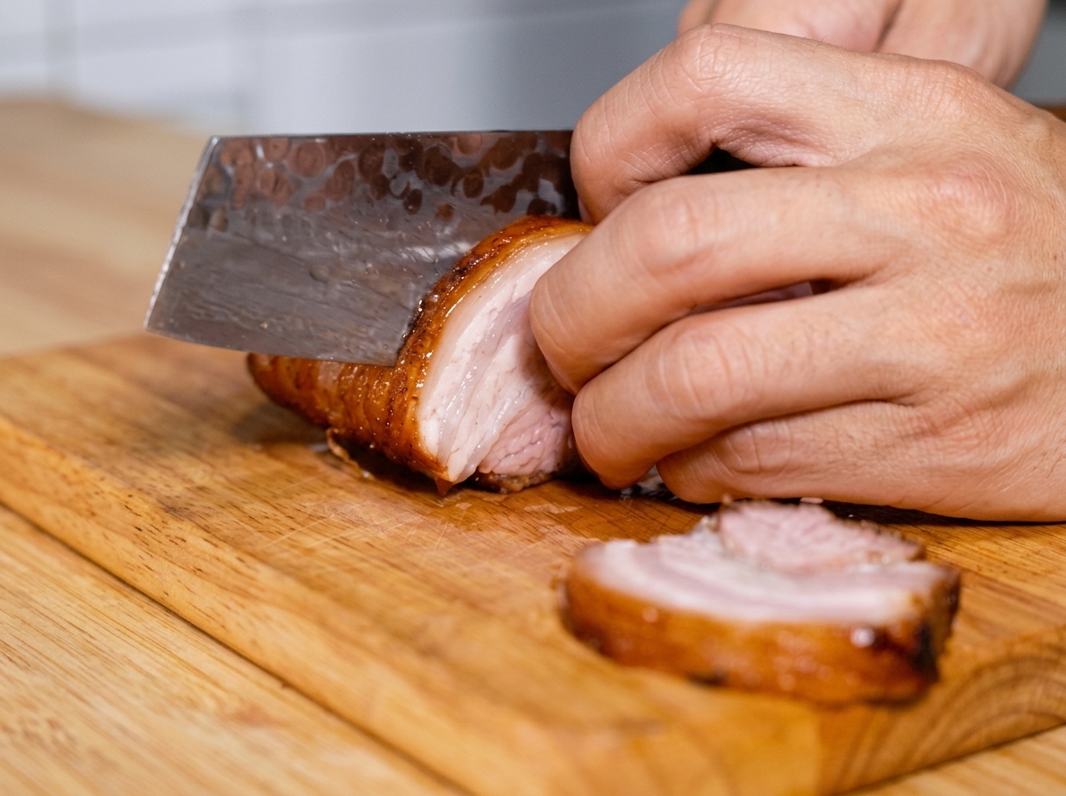 Hände schneiden ein gerolltes, geschmortes Stück Chashu-Schweinefleisch mit einem Hackmesser auf einem Holzschneidebrett in dicke Scheiben.