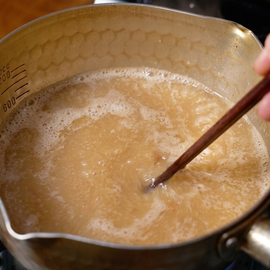 Holzstäbchen rühren eine helle, blubbernde Miso-Brühe in einem goldfarbenen Topf.