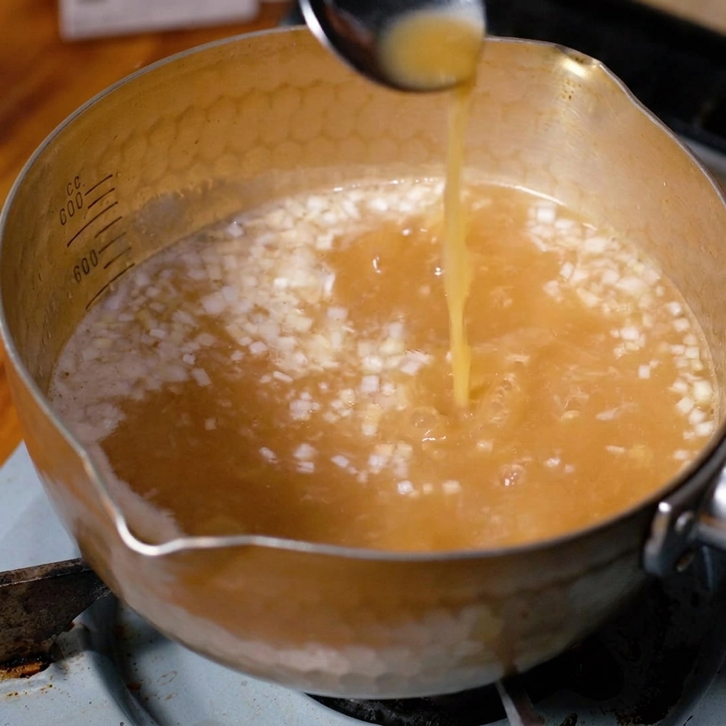 Ein Löffel gießt eine Flüssigkeit mit gehackten weißen Frühlingszwiebeln und Gewürzen in einen Topf mit heißer Miso-Brühe.