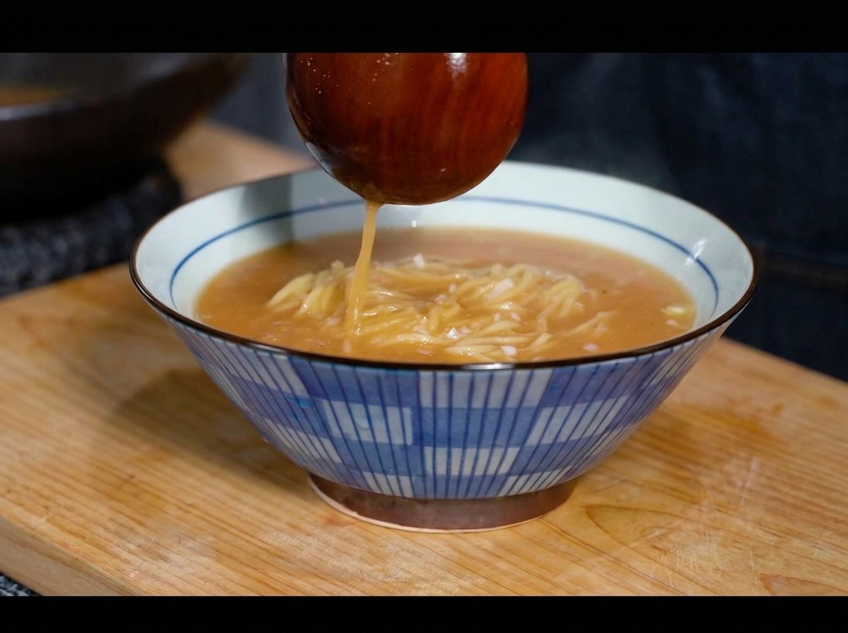 Eine Holzkelle gießt dampfend heiße Miso-Brühe über frische Ramen-Nudeln in einer blau-weiß karierten Schüssel.