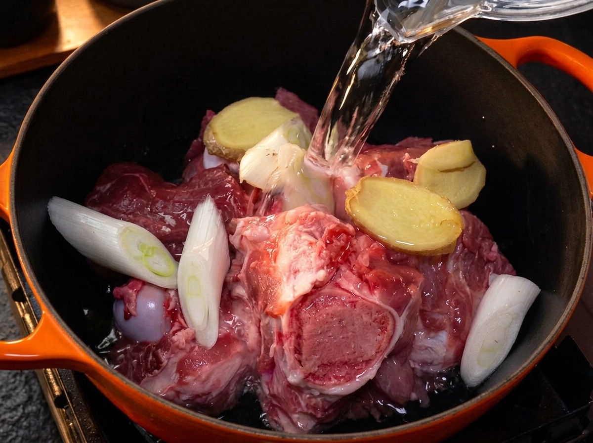Wasser wird aus einer Karaffe in einen großen Topf mit Schweineknochen, Ingwer und Frühlingszwiebeln gegossen.