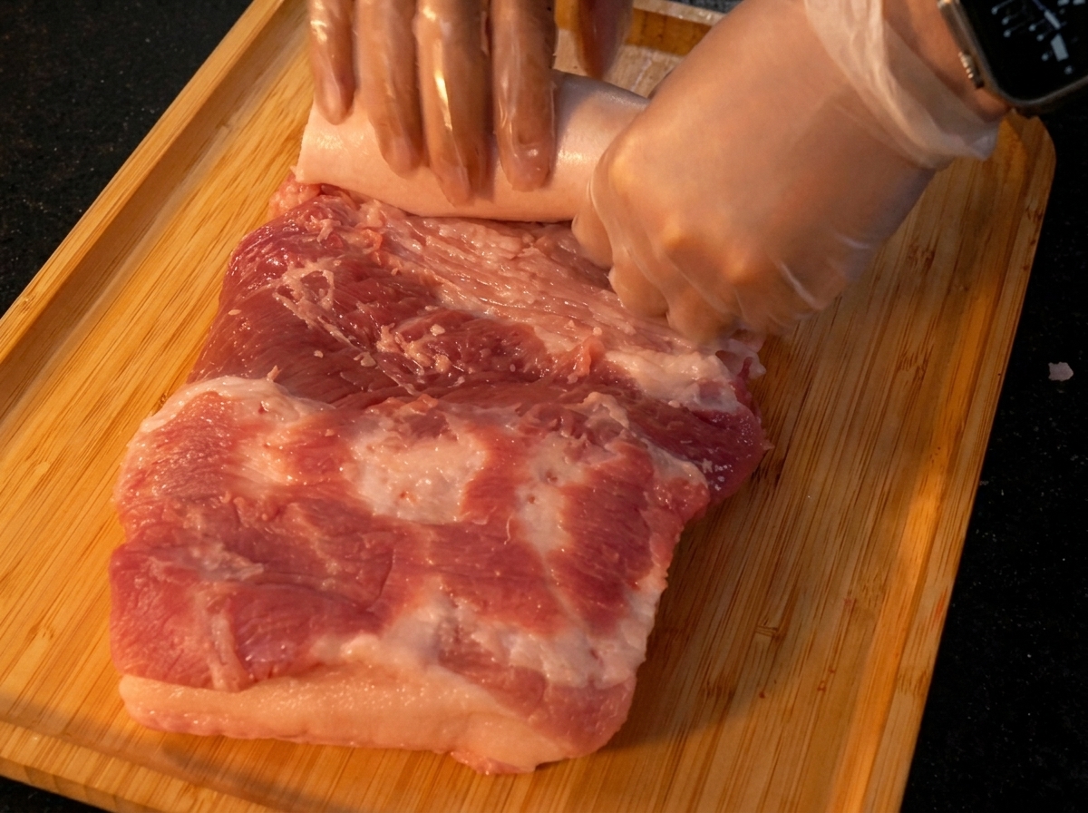 Hände rollen ein großes Stück rohen Schweinebauch auf einem Holzbrett fest zusammen.