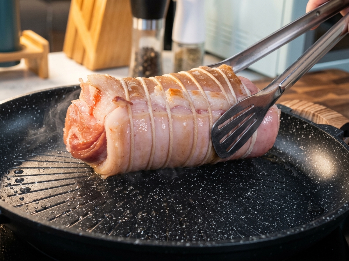 Ein fixierter Schweinebauch-Rollbraten wird in einer Pfanne mit einer Grillzange goldbraun angebraten.