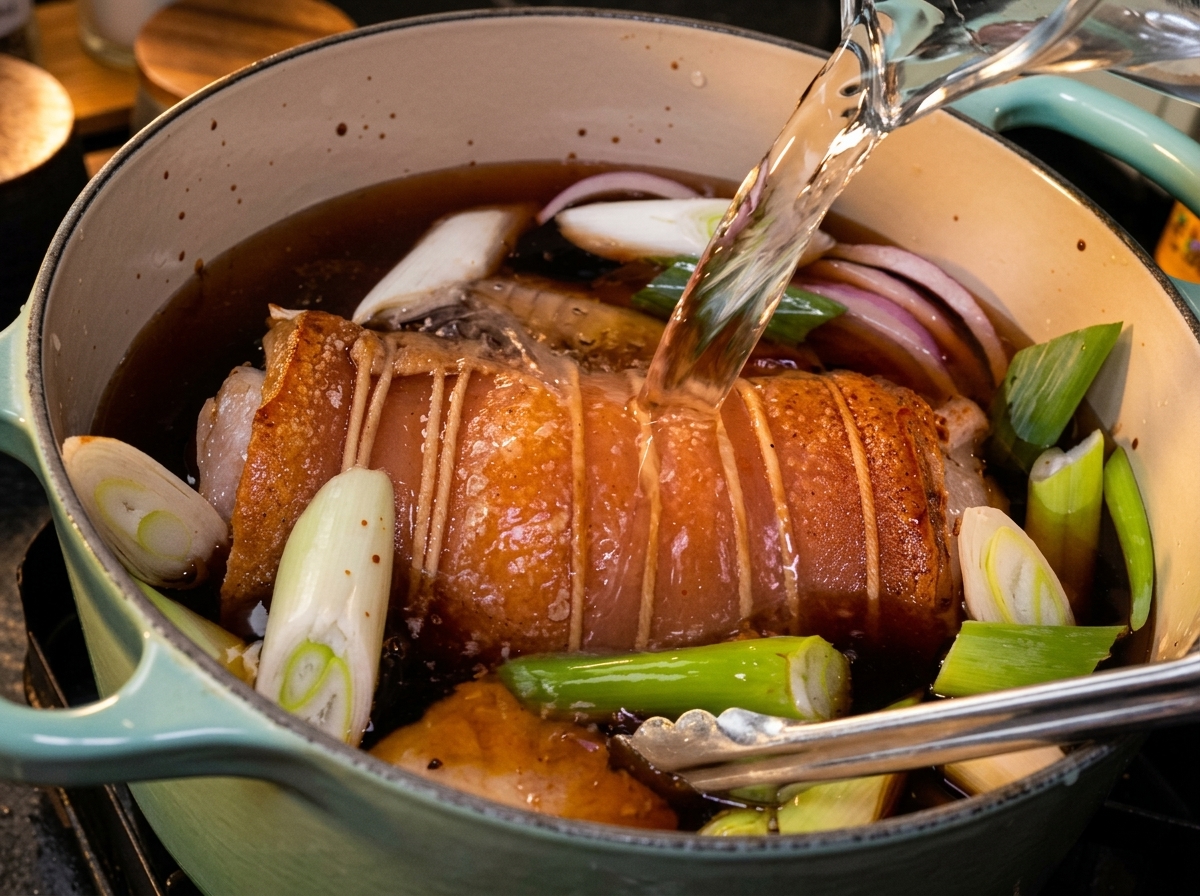 Flüssigkeit wird über den angebratenen Schweinebauch in einen Topf mit Zwiebeln und Kräutern gegossen.