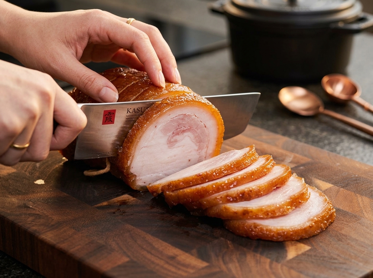 Ein scharfes Kochmesser schneidet den kalten Chashu-Braten in gleichmäßige, runde Scheiben.