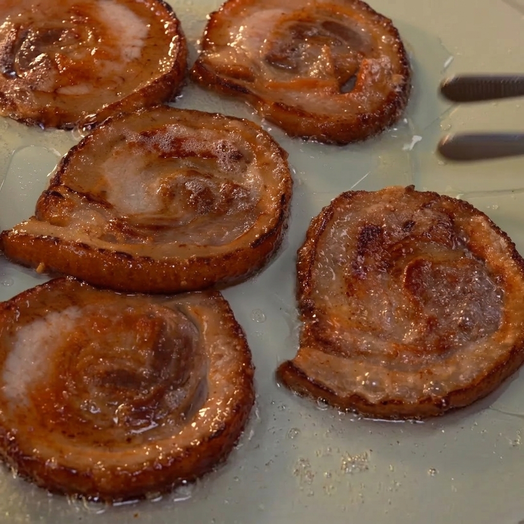 Runde Chashu-Scheiben brutzeln in einer Pfanne, bis sie karamellisiert und braun sind.