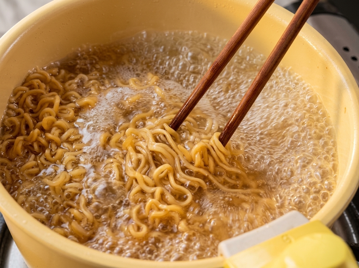 Gewellte Nudeln kochen in sprudelndem Wasser und werden mit Stäbchen gelockert.