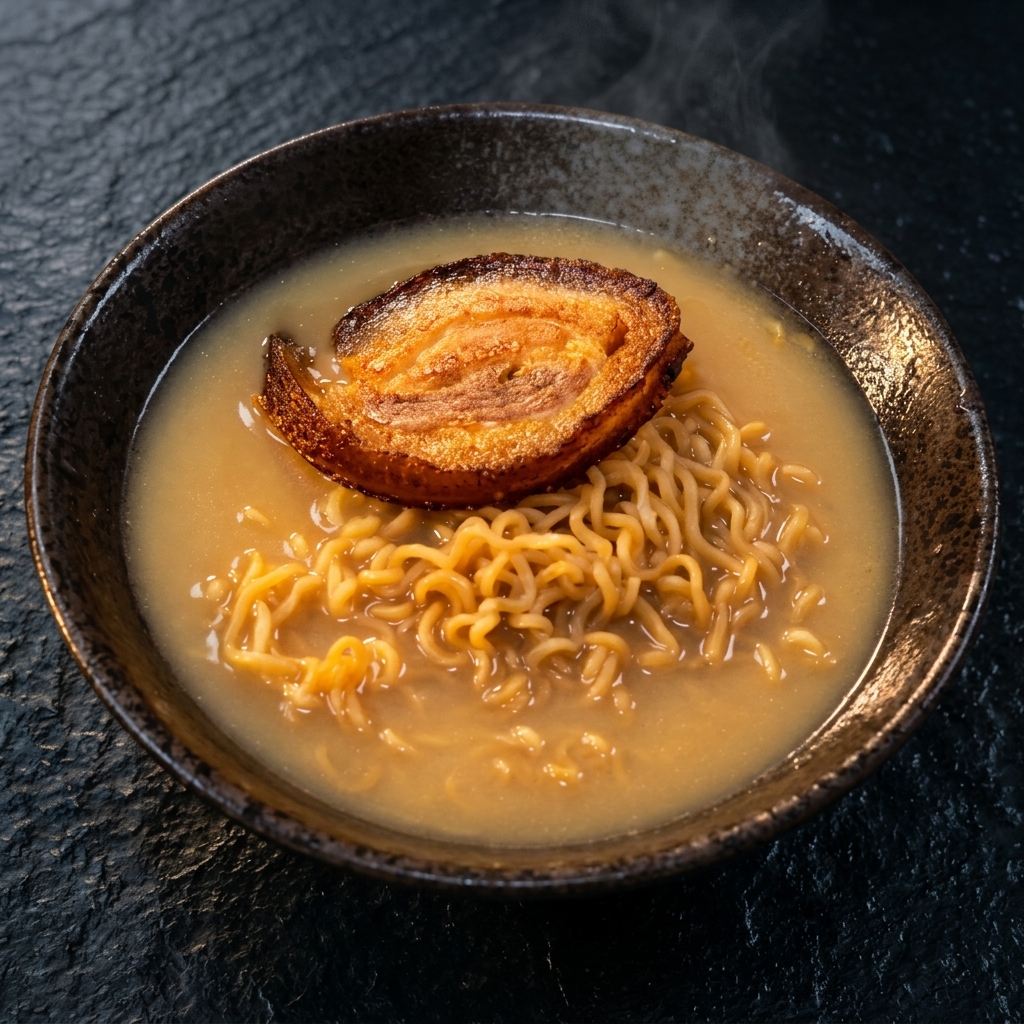 Eine Schüssel mit Ramen-Suppe und Nudeln, getoppt mit einer dicken Scheibe gebratenem Schweinebauch.