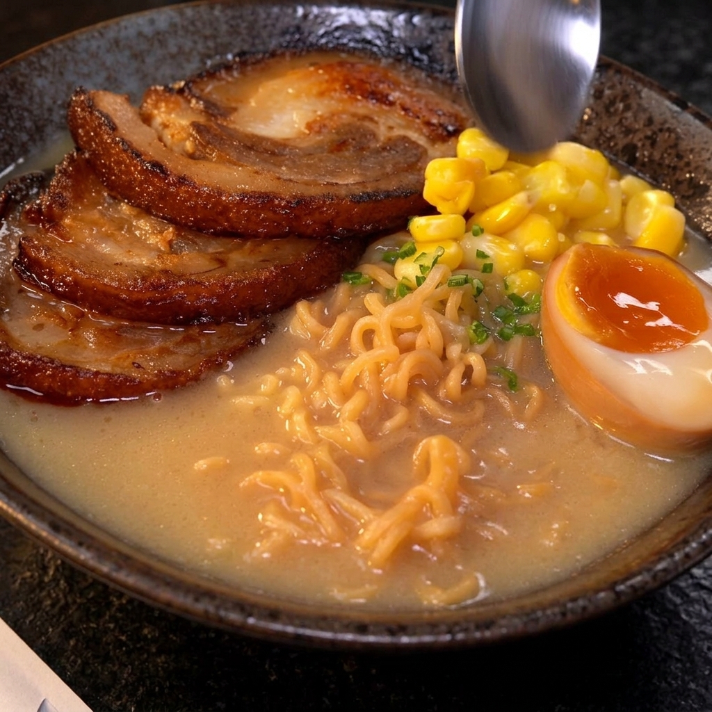 Ein Löffel gibt Mais zu einer Ramen-Schüssel, die bereits mit Chashu, Eiern und Zwiebeln garniert ist.