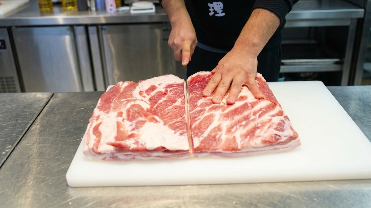 Hände teilen eine flache Seite rohen Schweinebauchs mit einem großen Messer in zwei Hälften.