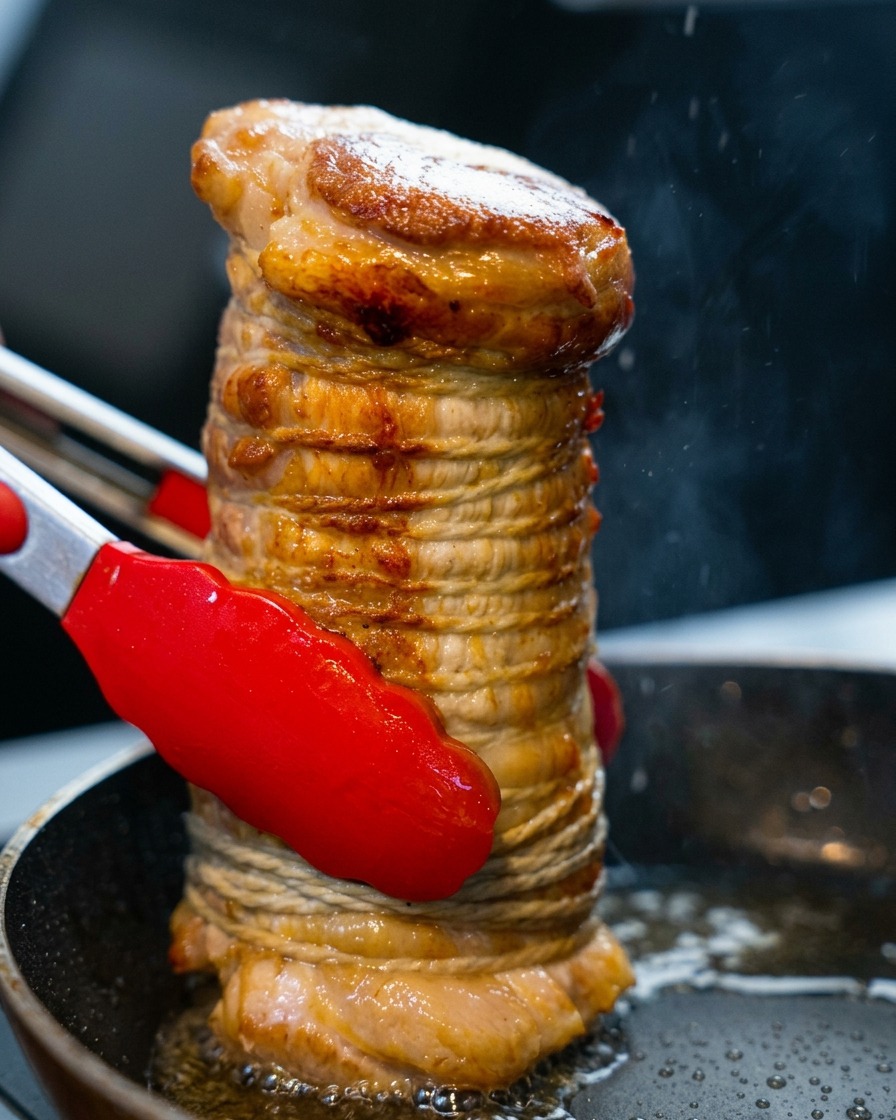 Eine Grillzange hält eine Fleischrolle mit einer tiefbraunen, karamellisierten Kruste.