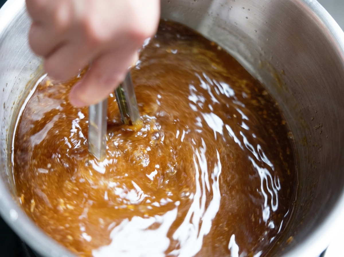 Eine Zange rührt in der sprudelnden, dunkelbraunen Chashu-Sauce.
