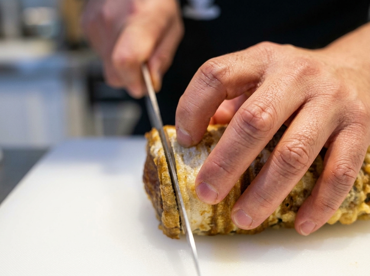 Ein scharfes Messer schneidet die Chashu-Rolle in dünne Scheiben.