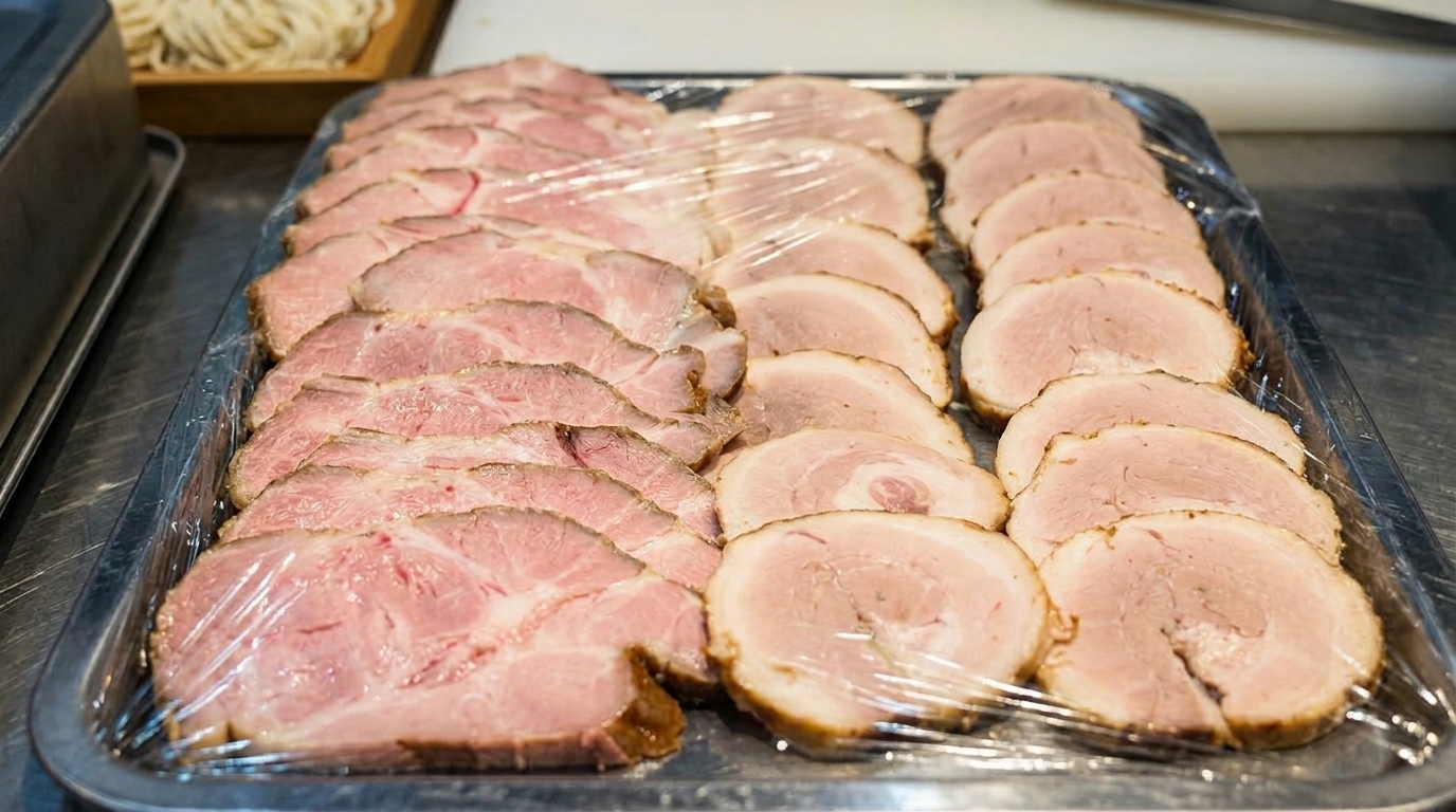 Dünn geschnittene Scheiben von perfekt gerolltem japanischem Chashu mit zartem Fleisch und dunklem, karamellisiertem Rand.