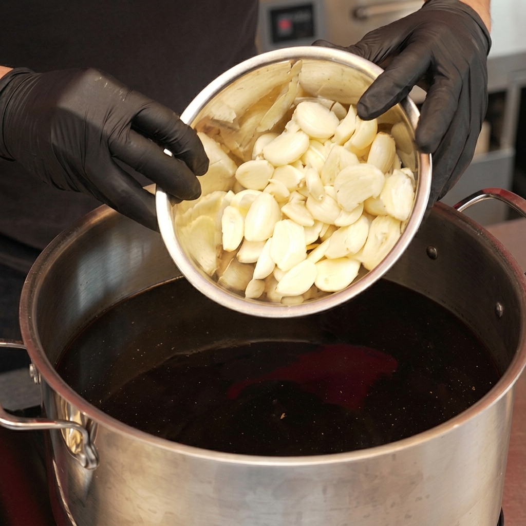 Hinzufügen von ganzen, zerdrückten Knoblauchzehen in die dunkle Sojasaucen-Mischung.