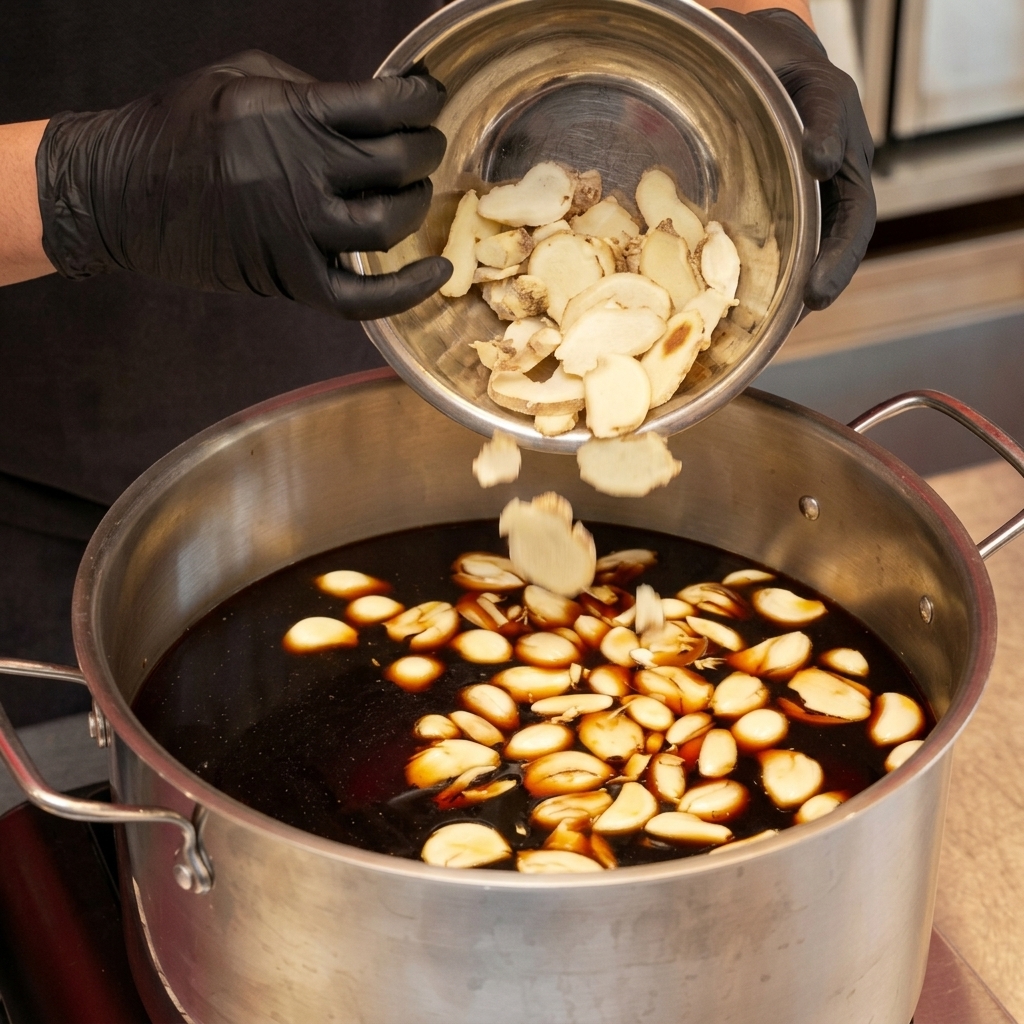 Hände geben frische Ingwer-Scheiben in die dunkle Flüssigkeit im Edelstahltopf.