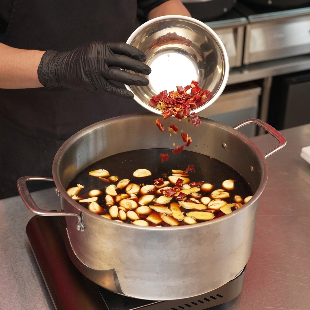 Hände geben zerbrochene Stücke getrockneter roter Chilis aus einer Metallschale in die Sauce.